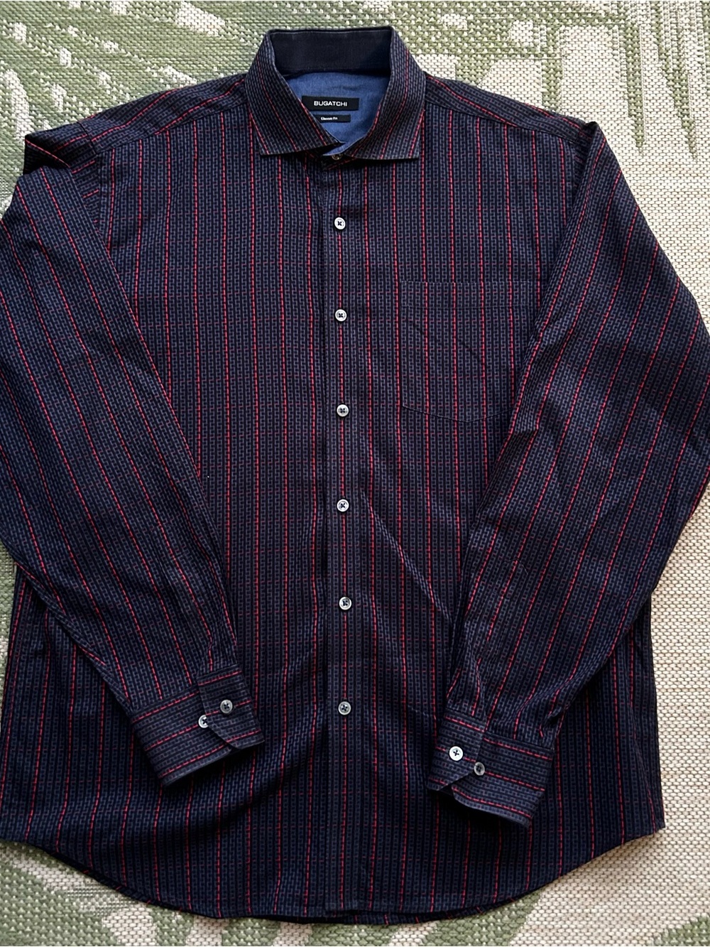 Bugatchi Men’s Long Sleeve Shirt in Navy with Red Stripe Pattern